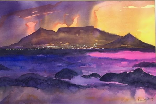 Storm on Table Mountain - Seascape Watercolour Painting by Rene Sandberg