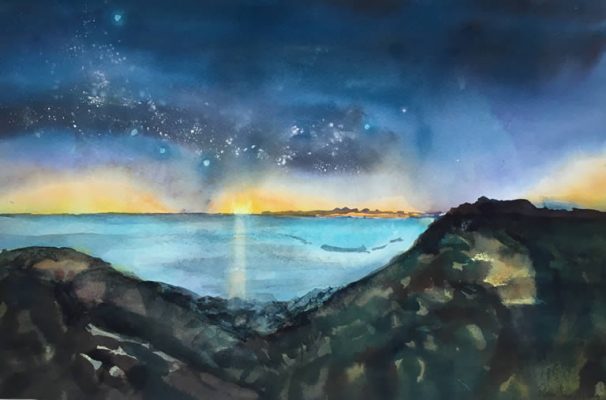 Sunset and Stars over the Sea - Seascape Watercolour Painting by Rene Sandberg