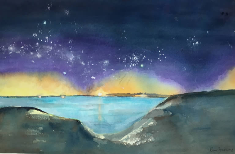 Sunset and Stars - Seascape Watercolour Painting by Rene Sandberg