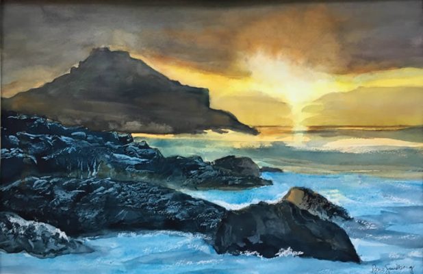 Sunset over Rocks - Seascape Watercolour Painting by Rene Sandberg