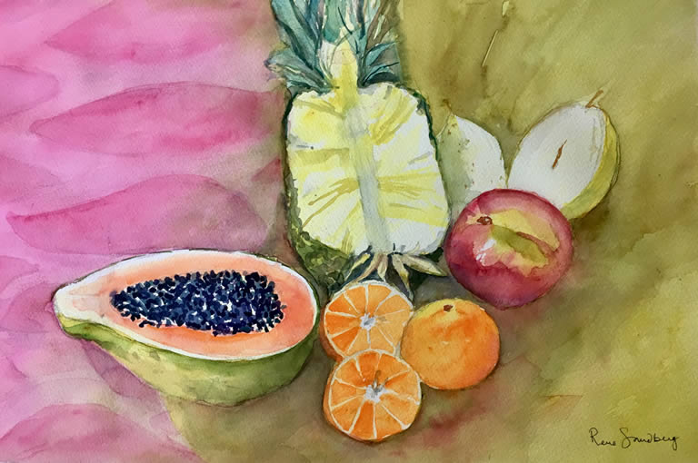 Pineapple and Papaya - Still Life Watercolour Painting by Rene Sandberg