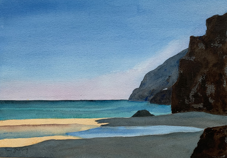 Sunset on Da Furnas Beach, Algarve Seascape Watercolour Painting by Rene Sandberg