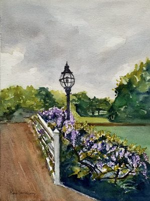 Walking with Wisteria Landscape Watercolour Painting by Rene Sandberg